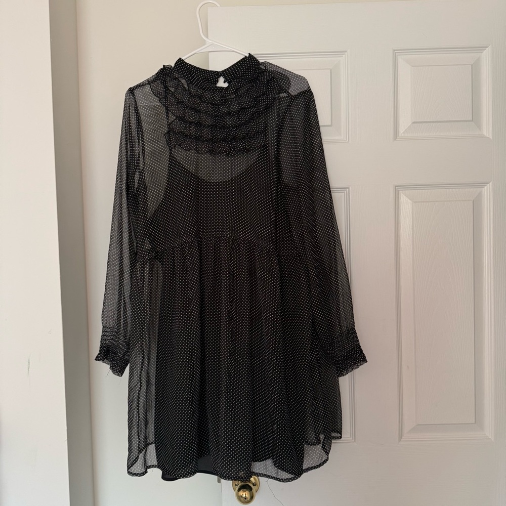 Who What Wear Ruffled High Neck Sheer Polka Dot Dress. Black & White. Size L